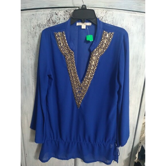Boston Proper Sheer V-neck Embellished Long Sleeve Top Blue Classy Small - Picture 1 of 11
